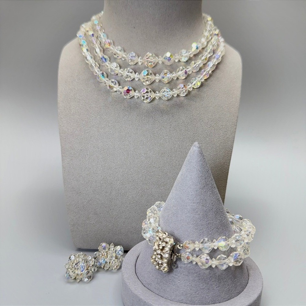 Vintage Aurora Borealis AB Crystal Necklace Bracelet Earrings Parure Set Wedding